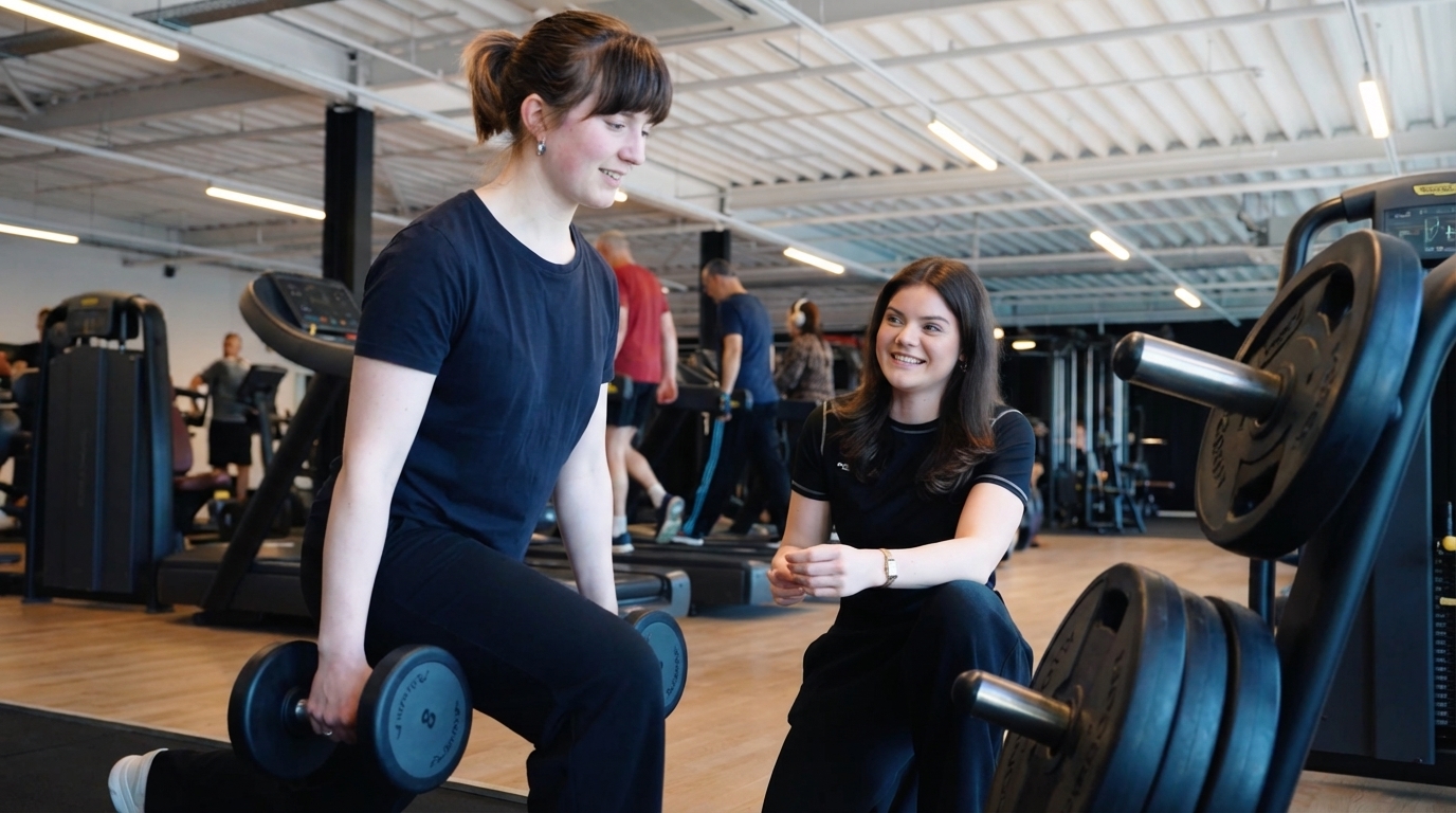 Trainer en cliënte lachen samen tijdens een training bij One Life Fitness
